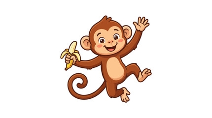 Happy cartoon monkey holding a peeled yellow banana. © ahmad