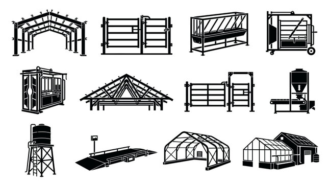 Smart Cattle Farming Infrastructure Silhouette Icon Set Agricultural Engineering 4K Vector