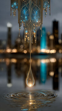 Golden Tear Drop Falling into Rippling Water