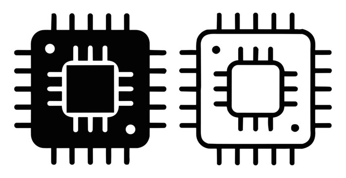 Black and white microchip icon set with circuit elements technology symbols on transparent background