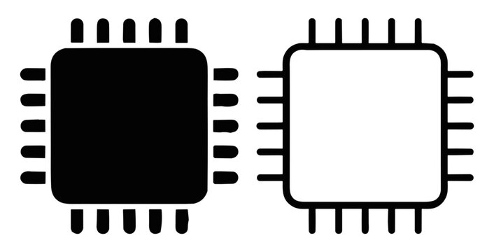 Black and white microchip icon set representing technology and electronics components on transparent background