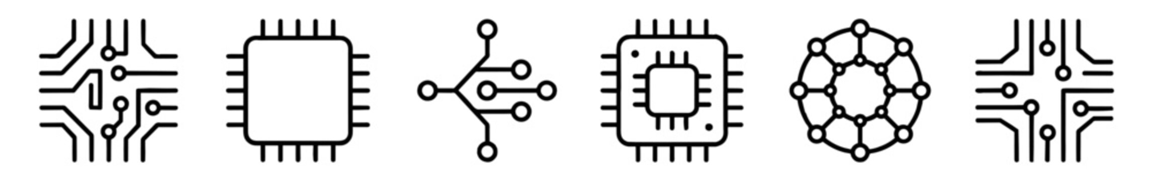 Set of technology and circuit board icons representing microchips, network connections, and electronic pathways on transparent background