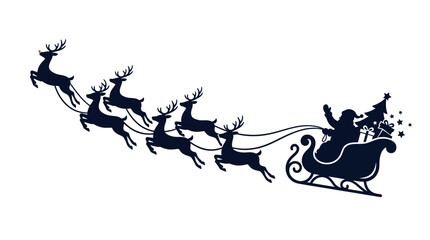 Flying Santa Claus and reindeer team silhouette profile view. © ahmad