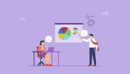Business presentation concept. Businesswoman sitting at a table with a laptop, in front of a businessman stands with the background of a screen with graphs. © Saklarboy