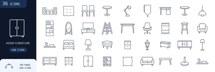 Home furniture interior design house decoration line icons set,  Editable line icons. Vector illustration. © RayZigna