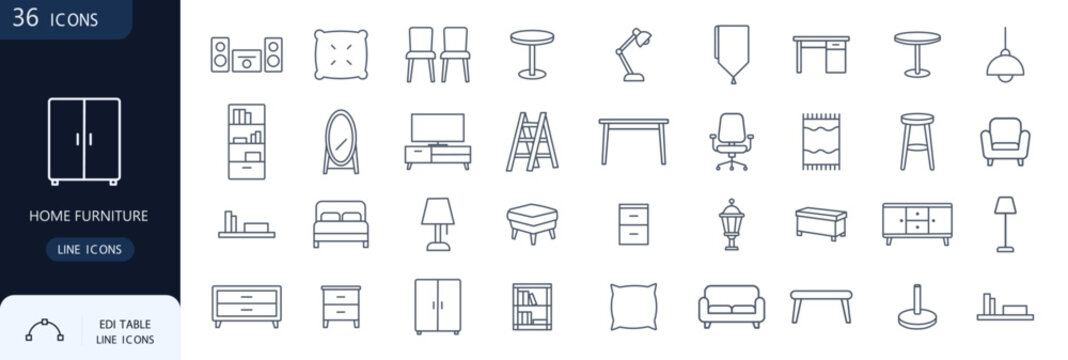 Home furniture interior design house decoration line icons set