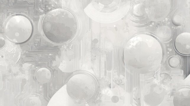 Abstract pale gray background with circles, splatters and circuitry details