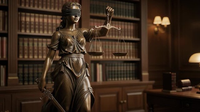 Blindfolded Lady Justice statue holding balanced scales and sword symbolizing fairness and law