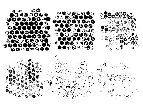 Bubble wrap imprint pattern. Some design elements with subtle, faint texture, others with clear, distinct texture. Simplified trace illustration on transparent background
