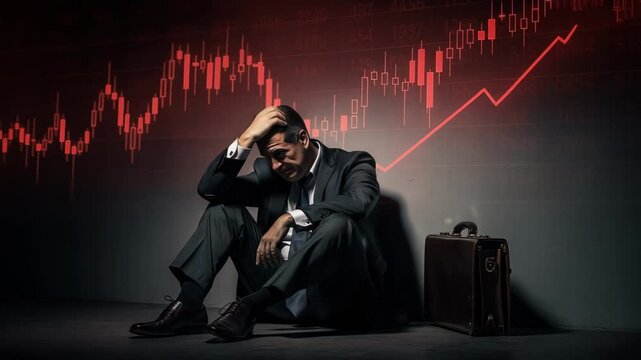 Stressed trader overwhelmed by volatile stock market fluctuations and financial uncertainty