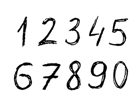 Set of hand drawn numbers in distressed grunge style. Simplified trace illustration with cracked and shabby texture. Jagged rough lines, bold black brush strokes on transparent background.