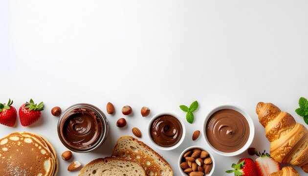 Top view flat lay of sweet breakfast setup with chocolate hazelnut spread, pancakes, and croissant on white background with copy space
