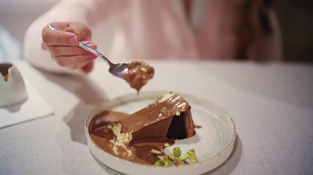 Woman taking spoonful of decadent chocolate cake dessert in restaurant.