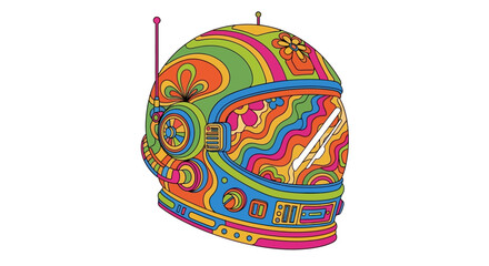 Psychedelic astronaut helmet vector illustration with rainbow swirls and floral patterns © Rofiah