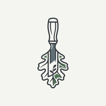 Minimalist logo icon featuring a wood chisel combined with an oak leaf silhouette.