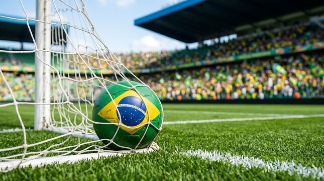Soccer ball with brazil flag pattern resting in the goal net on a stadium field