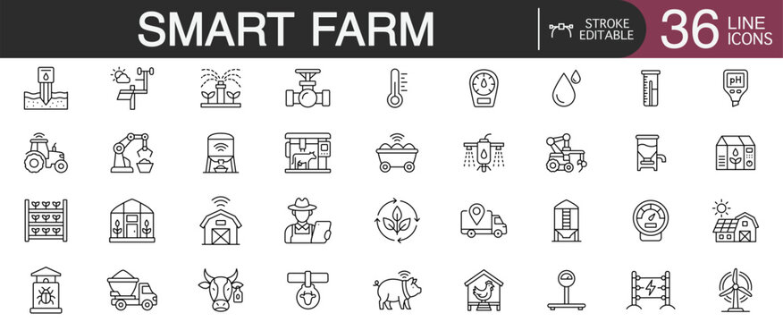 Smart farm and agrotech editable stroke line vector icon set featuring autonomous agriculture, loT sensor monitoring, and automated livestock management concepts.