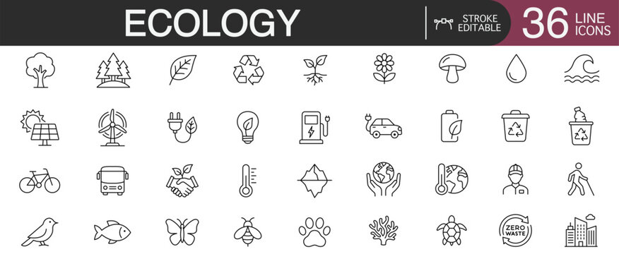 Ecology and environmental conservation editable stroke line vector icon set featuring biodiversity protection, renewable green energy, and sustainable habitat concepts.