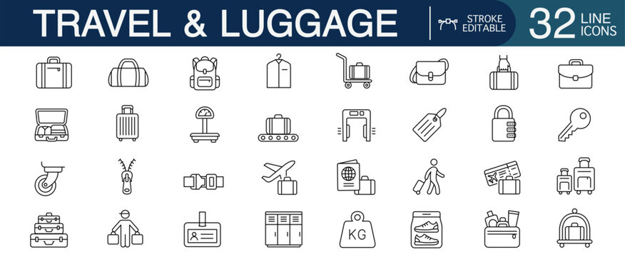 Travel and luggage editable stroke line vector icon set featuring airport baggage handling, suitcase accessories, and passenger trip equipment concepts.