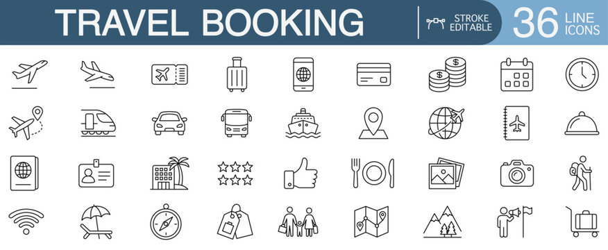 Travel booking editable stroke line vector icon set featuring online flight reservation, holiday tour planning, and tourism transport concepts.