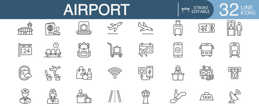 Airport and aviation editable stroke line vector icon set featuring passenger terminal services, flight transit logistics, and travel infrastructure concepts.