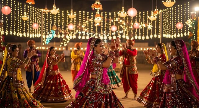 Colorful traditional garba dancers celebrating under festive string lights at night