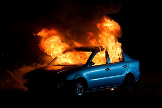 Bluecarengulfedinflamesatnightwithheavysmoke