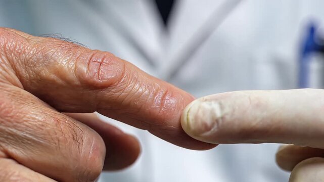 Dermatologist Examines Skin Wart on Patient Finger in Clinic Office