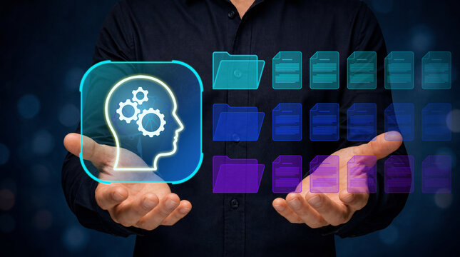 Knowledge repository and information organization. Structured business knowledge, document classification and enterprise content management. Businessman managing digital knowledge resources