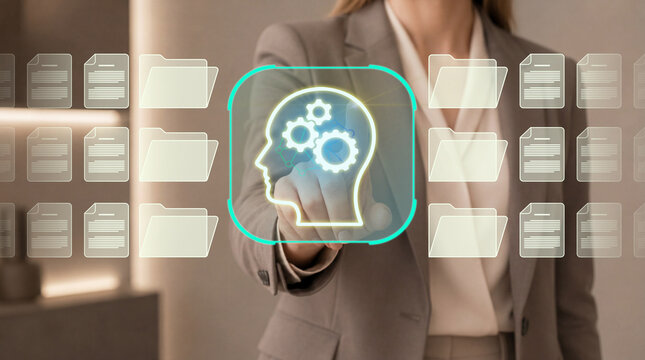Knowledge base and information organization system. Enterprise repository for structured business knowledge and document classification. Businesswoman using digital knowledge platform