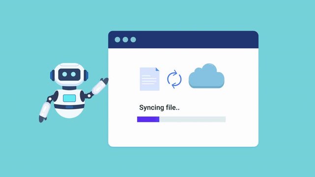 Animated robot assistant presenting a file synchronization interface with progress indicator, cloud icon, and sync status. Looping motion graphic ideal for cloud services and data management concepts.