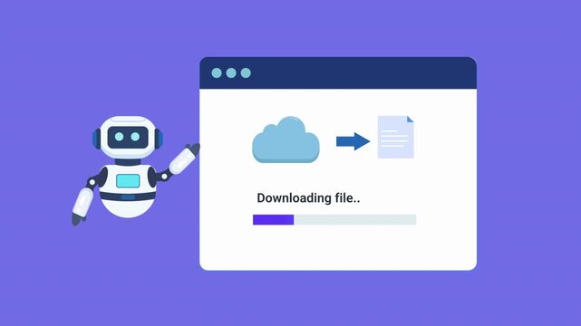 Animated robot assistant presenting a file download interface with progress indicator, cloud source, and document icon. Looping motion graphic ideal for cloud services, file transfer, and technology c