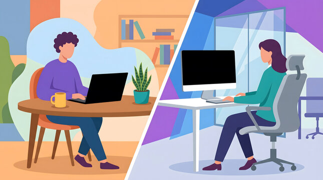 Hybrid Work Model Illustration Showing Home and Office Balance