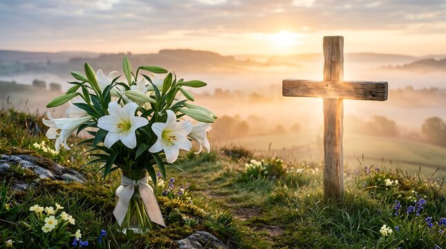 Wooden Cross and White Lilies at Sunrise in a Misty Landscape