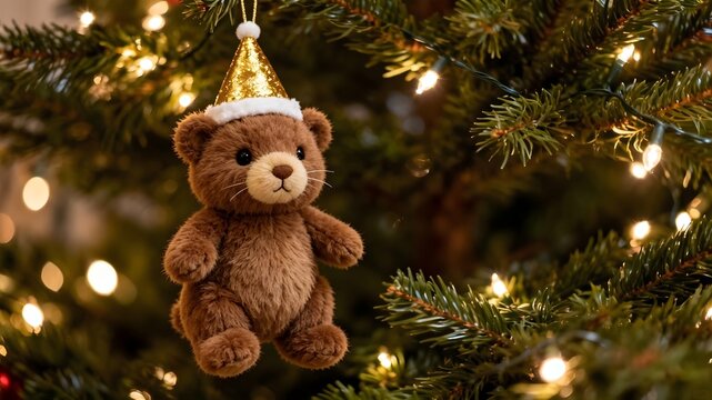 Boneka Beruang Lucu dengan Topi Emas Tergantung di Pohon Natal yang Meriah