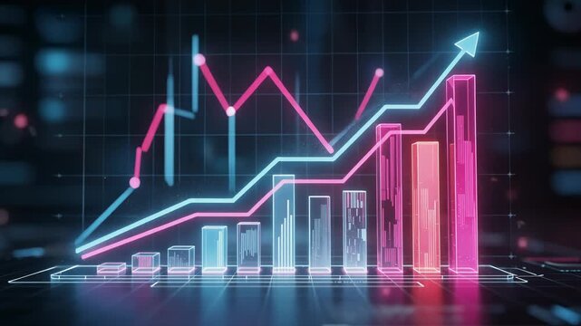 Futuristic neon glowing bar graph with upward trend line on vibrant digital chart