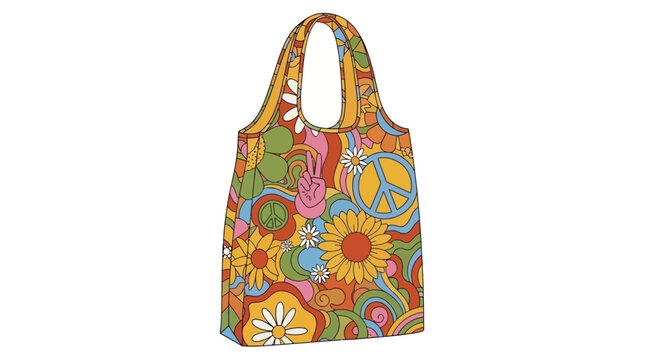 Retro peace symbol tote bag with colorful floral pattern vector illustration