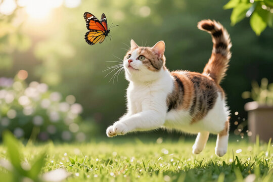 Playful cat leaps after a fluttering butterfly. Sunlit garden glows with soft green grass.