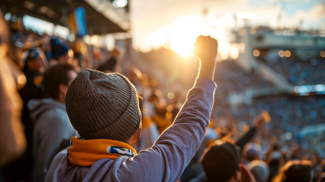 Triumphant fan raises fist at sunset stadium, pure elation
