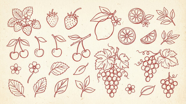 Hand Drawn Fruit Line Art Set Strawberry Cherry Lemon Grape Berry Leaf Blossom Botanical Outline Sketch Vintage Food Design Elements