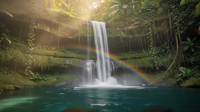 Discover a hidden paradise with a majestic waterfall flowing into a crystal clear natural pool surrounded by lush greenery