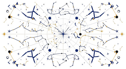 Symmetrical constellation illustration with mythological figures and star connections © wawa