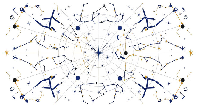 Symmetrical constellation illustration with mythological figures and star connections