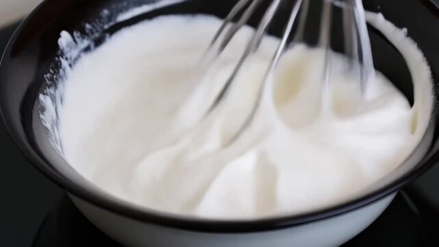Whisking cream in motion: smooth mixing transition from soft peaks to stiff peaks in ceramic bowl