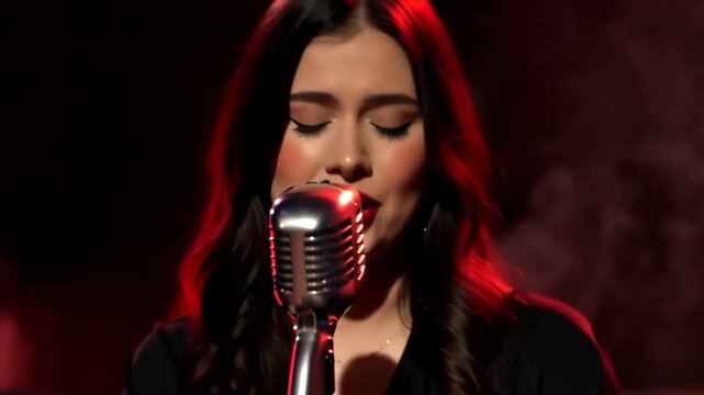 Passionate female singer with glossy red lips performing into vintage silver microphone under soft red lighting