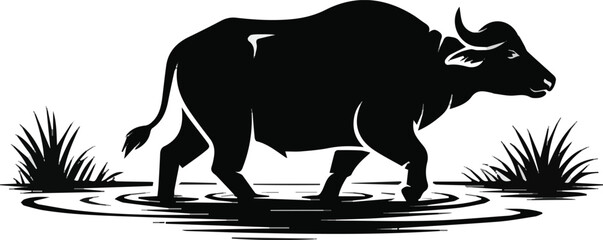Isolated on silhoutte Water buffalo walking in shallow jungle river stream vector art on white background © Tania masud