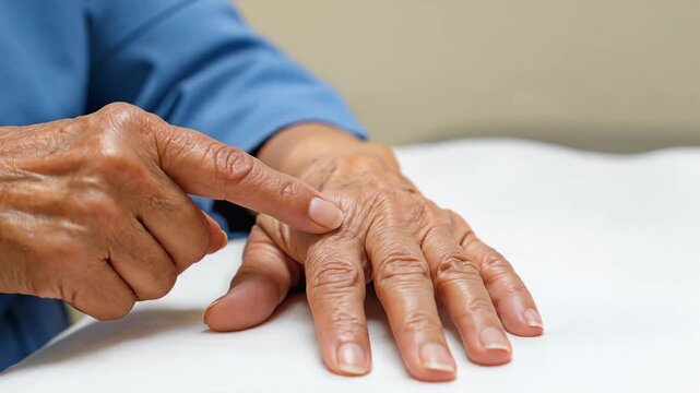 Elderly patient pointing at a ganglion cyst lump on hand during a medical checkup in a clinic