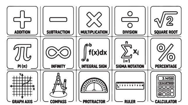 Math symbols, icons, and tools, educational mathematics elements, black line illustrations, 16 graphic assets