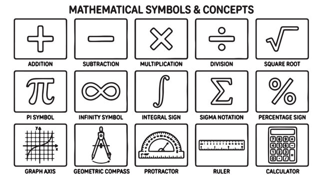 Mathematical symbols and concepts, math icons, education illustrations, 20 black and white graphics