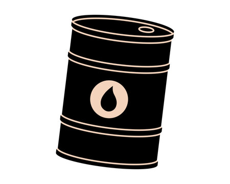 Hand drawn illustration of metal oil barrel. Flat vector crude fossil fuel distribution container doodle. Ecology problem sticker, icon. Cylinder black gold can. Stock market crisis. Isolated.